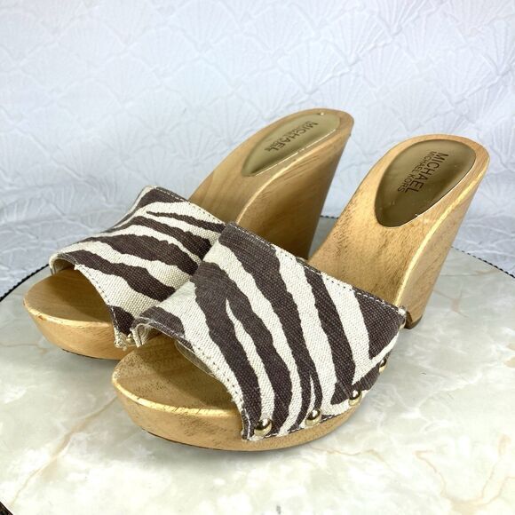 Michael Kors Platform Clogs Women Sz 9 Brown Animal Print 70’s Style Sandals - Picture 5 of 13